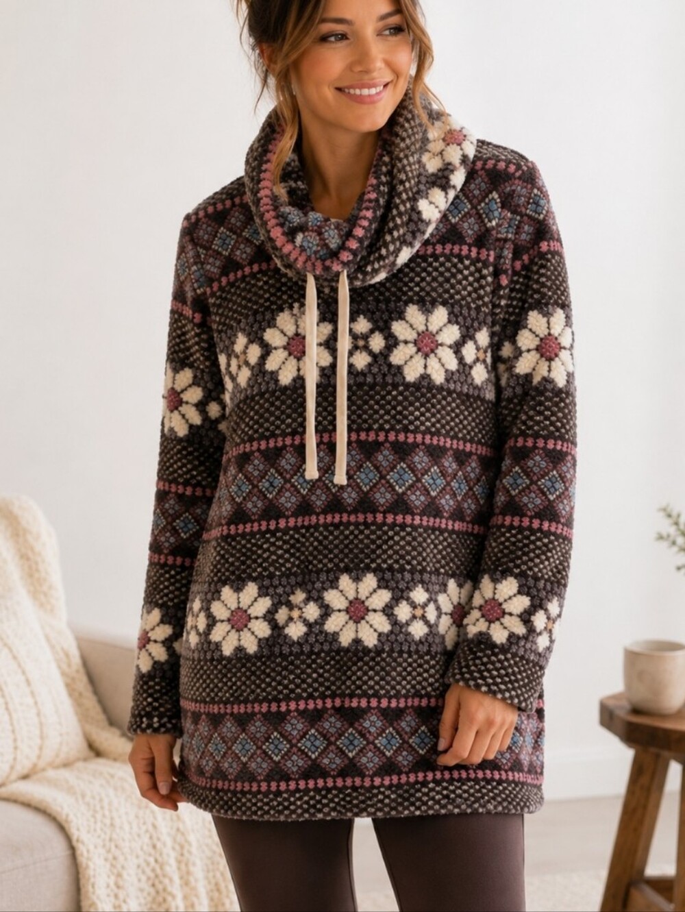 Hue Cowl Neck Lounger Tunic Floral Plush Sweater Medium Cozy Cottagecore